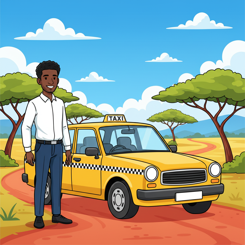 Cartoon illustration of a cheerful Black Kenyan taxi driver standing next to a yellow Smartchoice Cabs taxi on a colorful savanna background