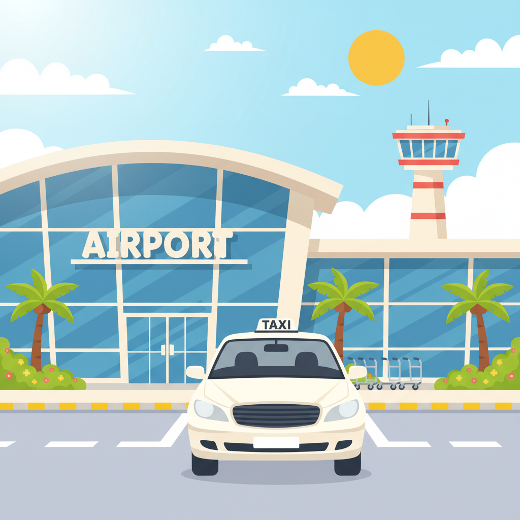 Cartoon illustration of a white taxi parked at an airport terminal