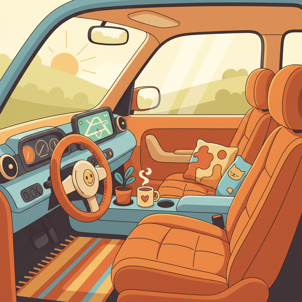 Cartoon illustration of a comfortable car interior with leather seats
