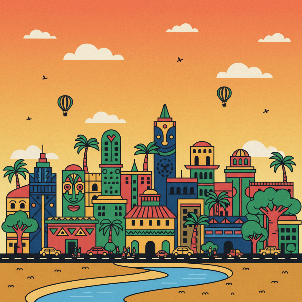 Cartoon illustration of a Kenyan city skyline at golden hour