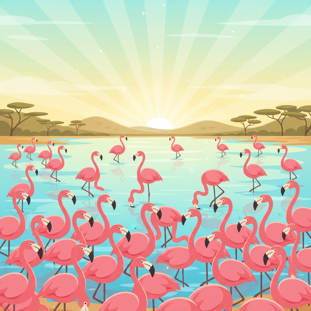 Cartoon illustration of pink flamingos at Lake Nakuru Kenya at sunrise