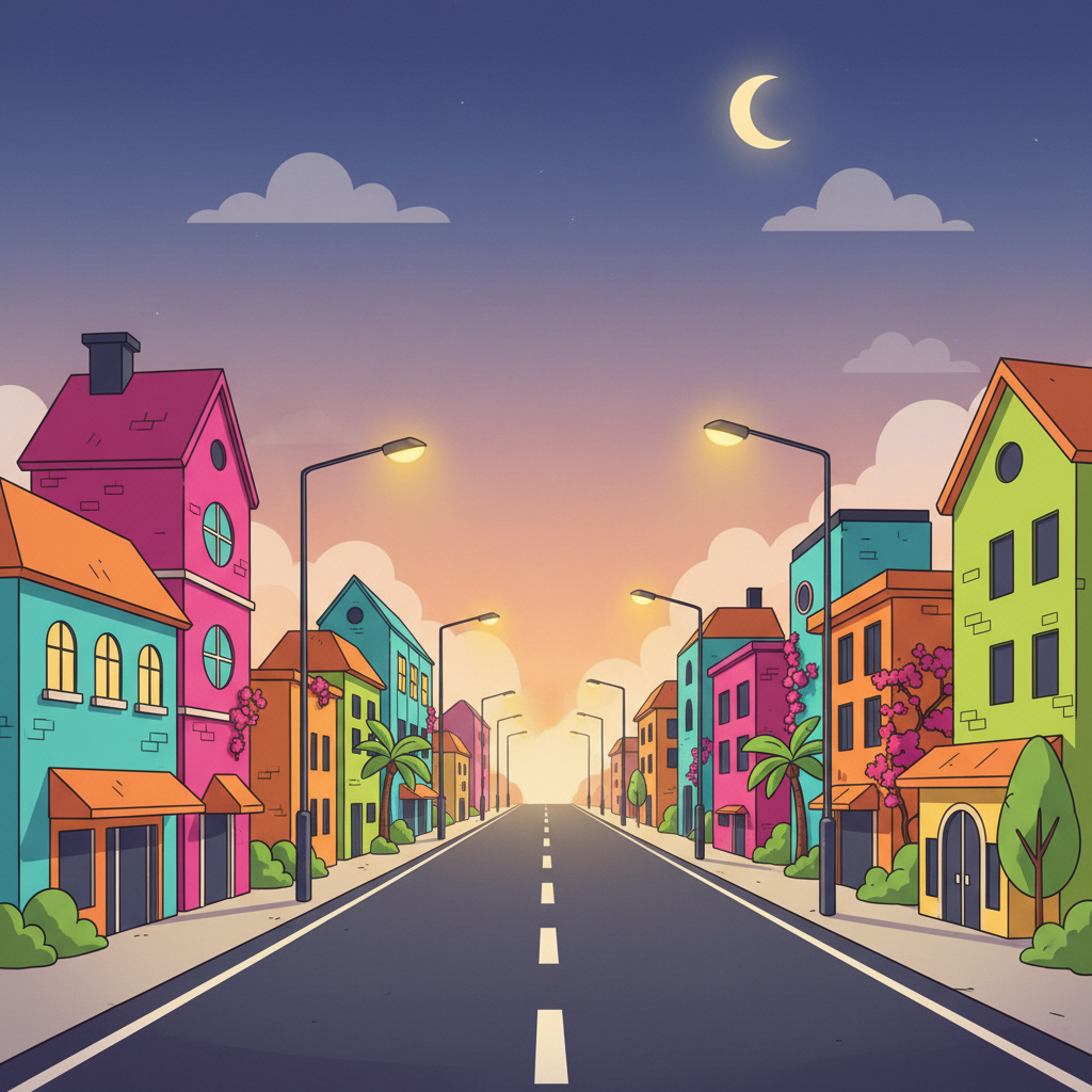 Cartoon illustration of Nakuru city road at dusk with warm street lights and colorful buildings