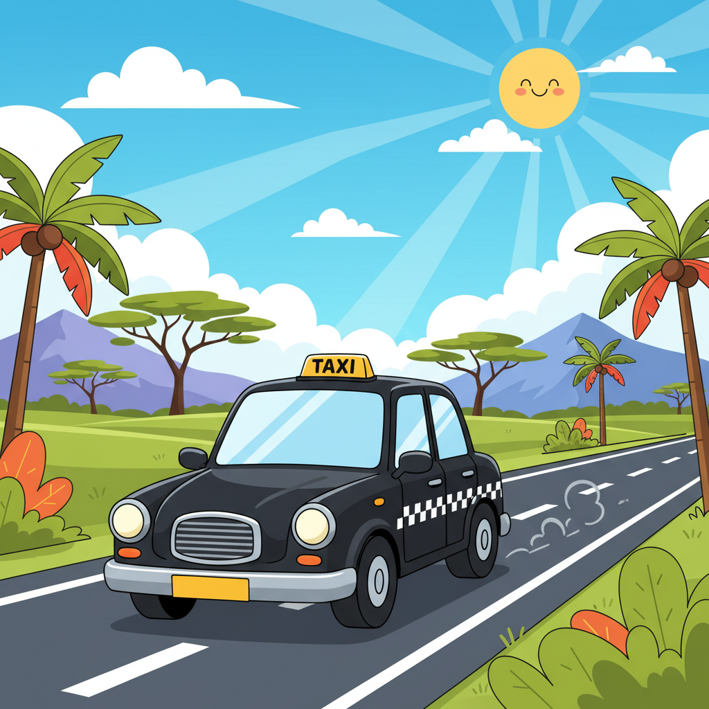 Cartoon illustration of a black taxi cab driving on a smooth Kenyan highway